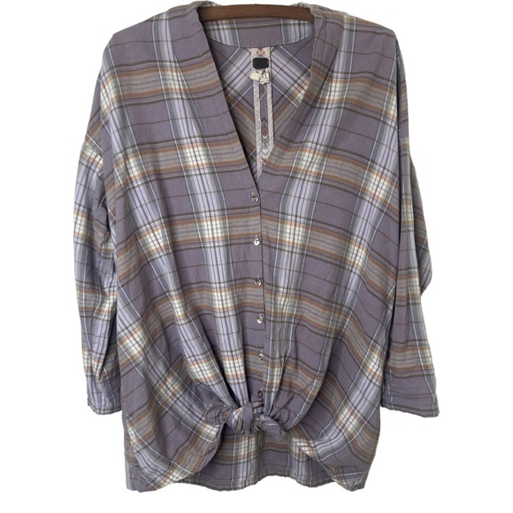 WE THE FREE Lilac Oversized Plaid Tie Front Button Down Flannel Size Small - Picture 1 of 16